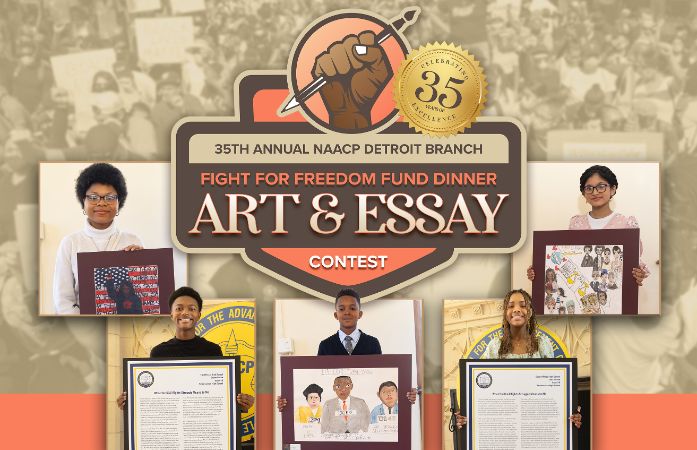 Collage of students holding winning art & essays from previous years' contests
